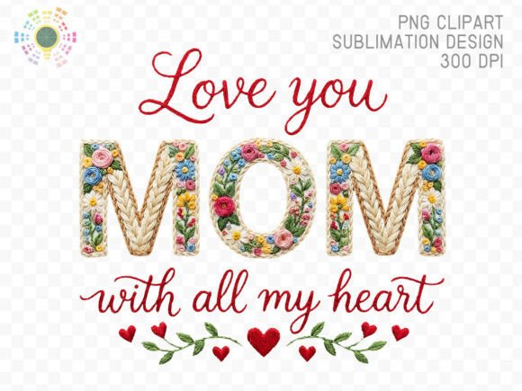 Love You Mom Floral Embroidery Letters